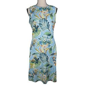 J McLaughlin Floral Sheath Dress Women XS Light Blue Tropical Print Midi Cottage
